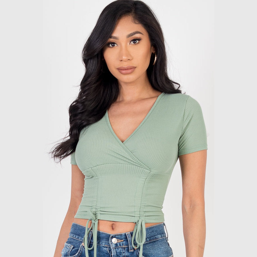 Ribbed Ruched Drawstring Surplice Top