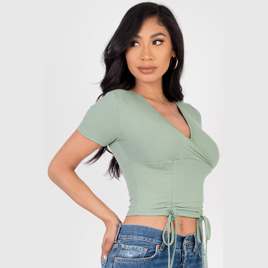 Ribbed Ruched Drawstring Surplice Top