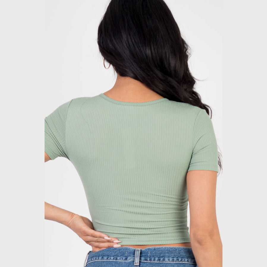 Ribbed Ruched Drawstring Surplice Top