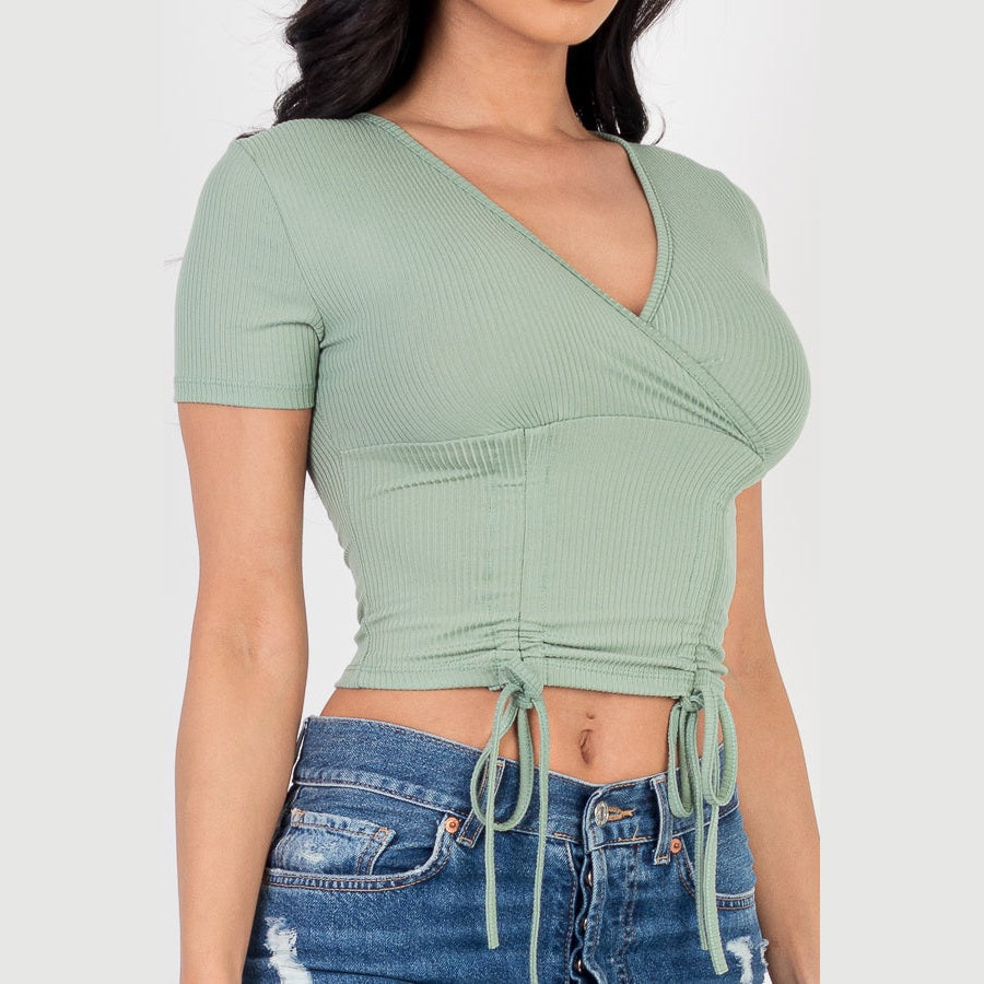 Ribbed Ruched Drawstring Surplice Top