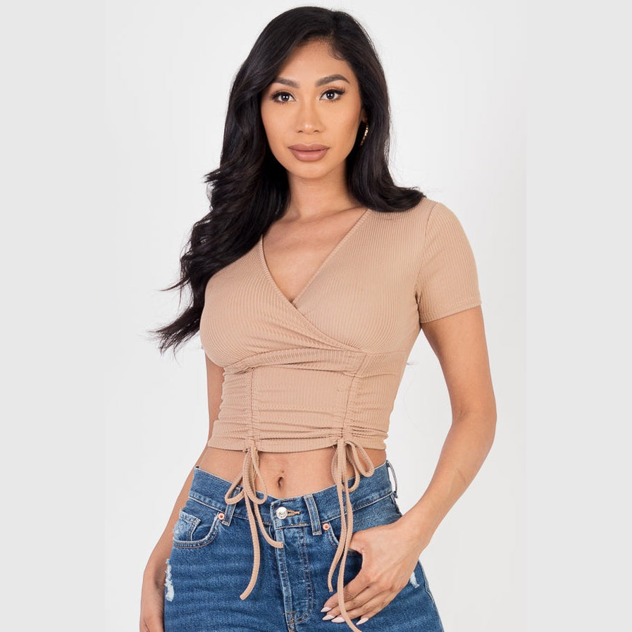 Ribbed Ruched Drawstring Surplice Top