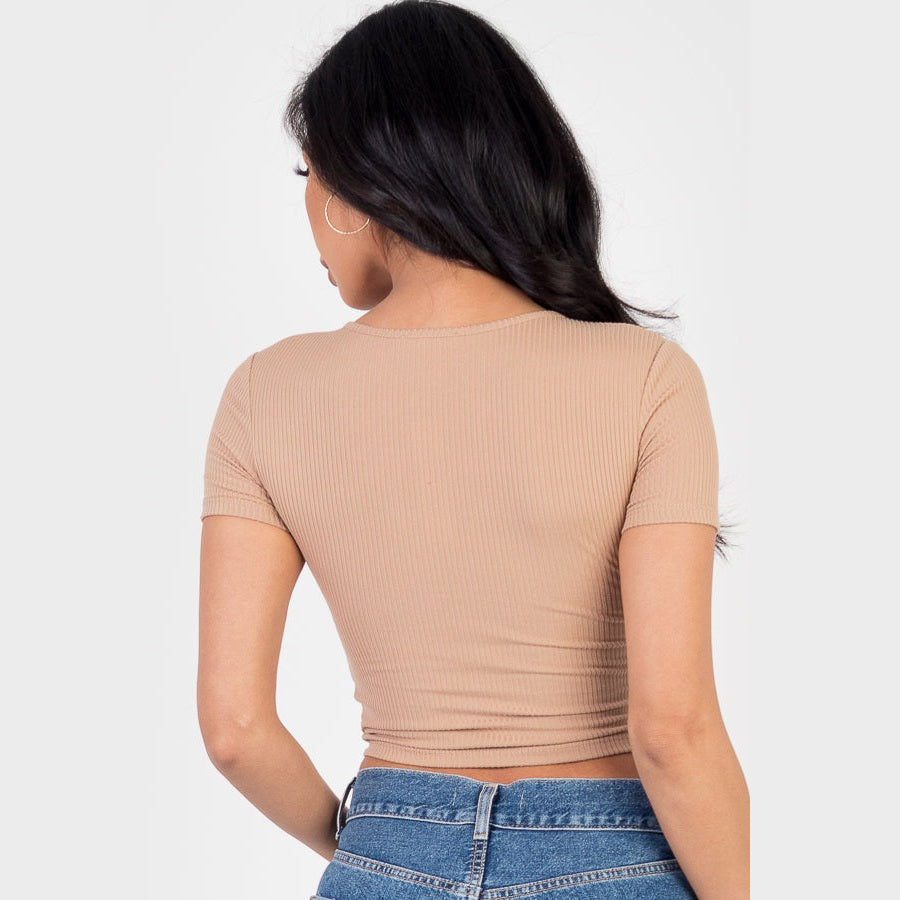 Ribbed Ruched Drawstring Surplice Top