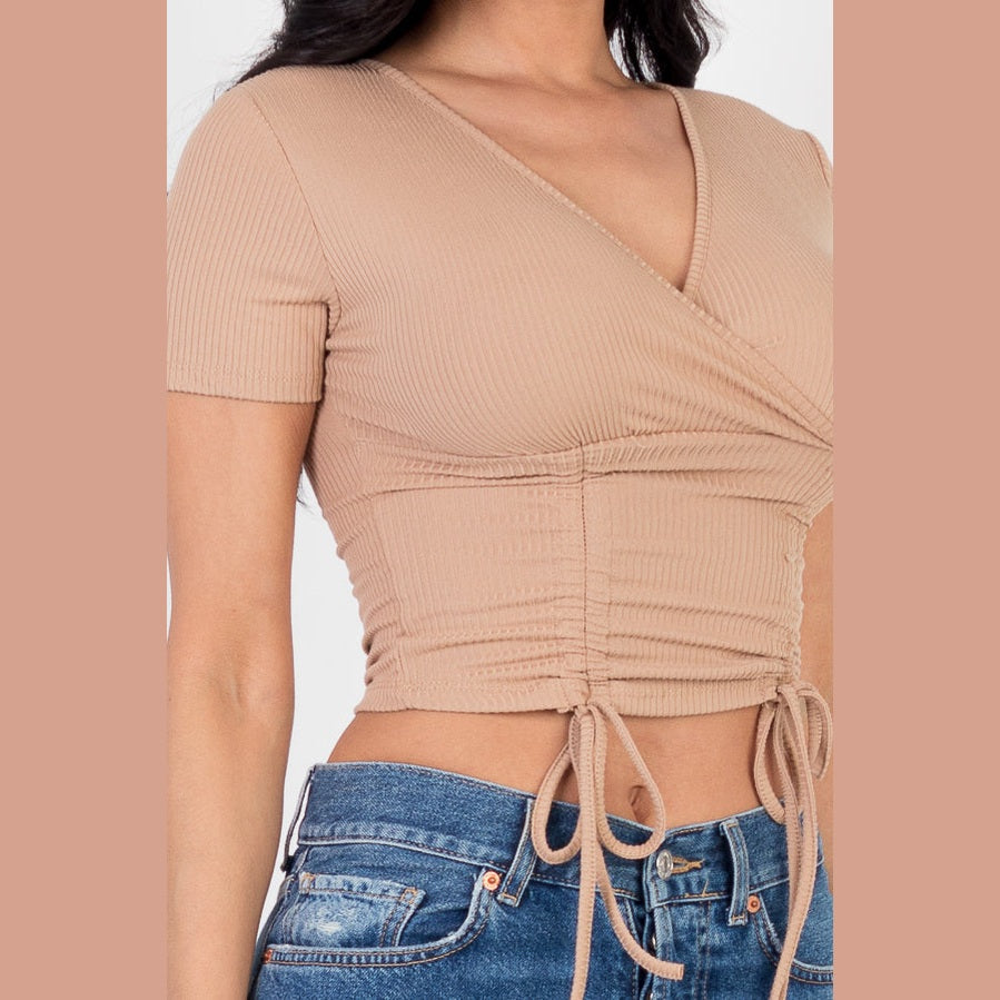 Ribbed Ruched Drawstring Surplice Top