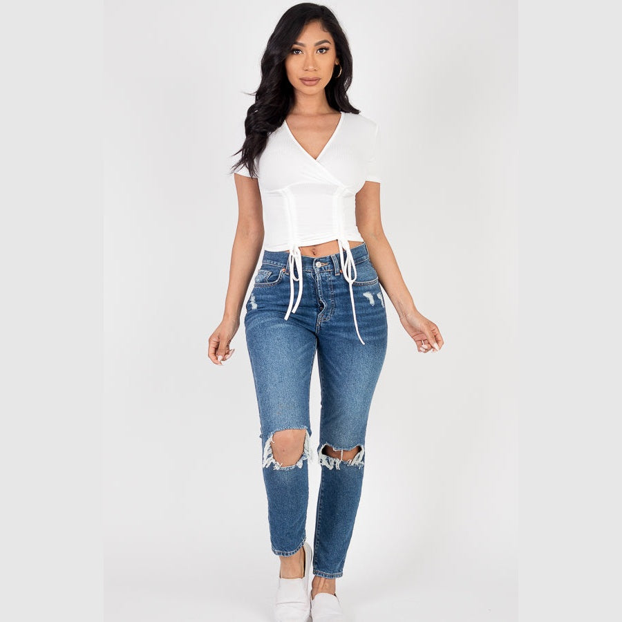 Ribbed Ruched Drawstring Surplice Top