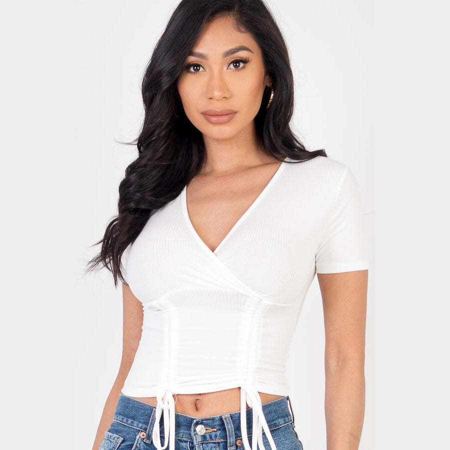 Ribbed Ruched Drawstring Surplice Top