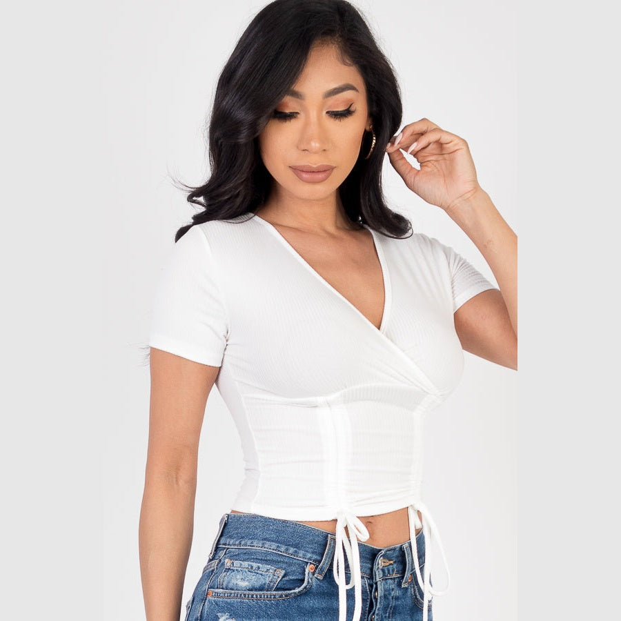Ribbed Ruched Drawstring Surplice Top