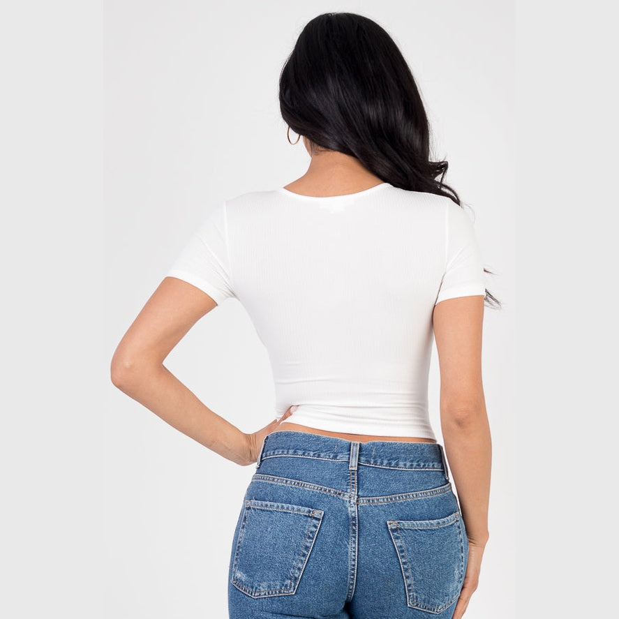 Ribbed Ruched Drawstring Surplice Top