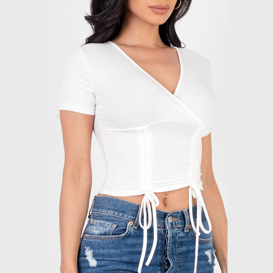 Ribbed Ruched Drawstring Surplice Top