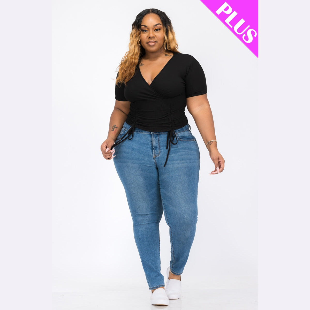 Plus Size Ribbed Ruched Drawstring Surplice Top