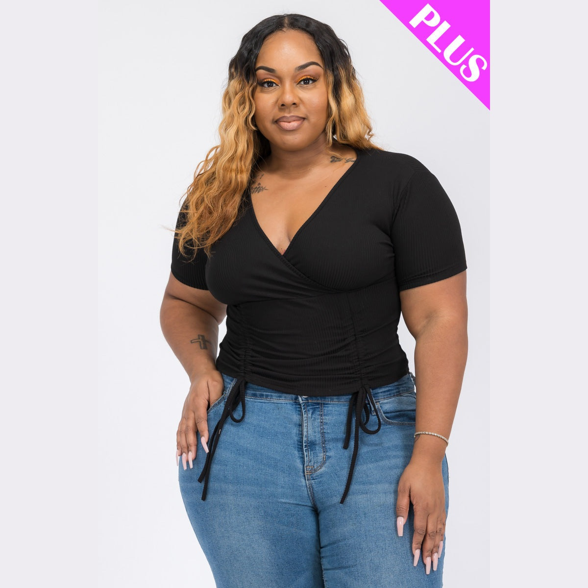 Plus Size Ribbed Ruched Drawstring Surplice Top