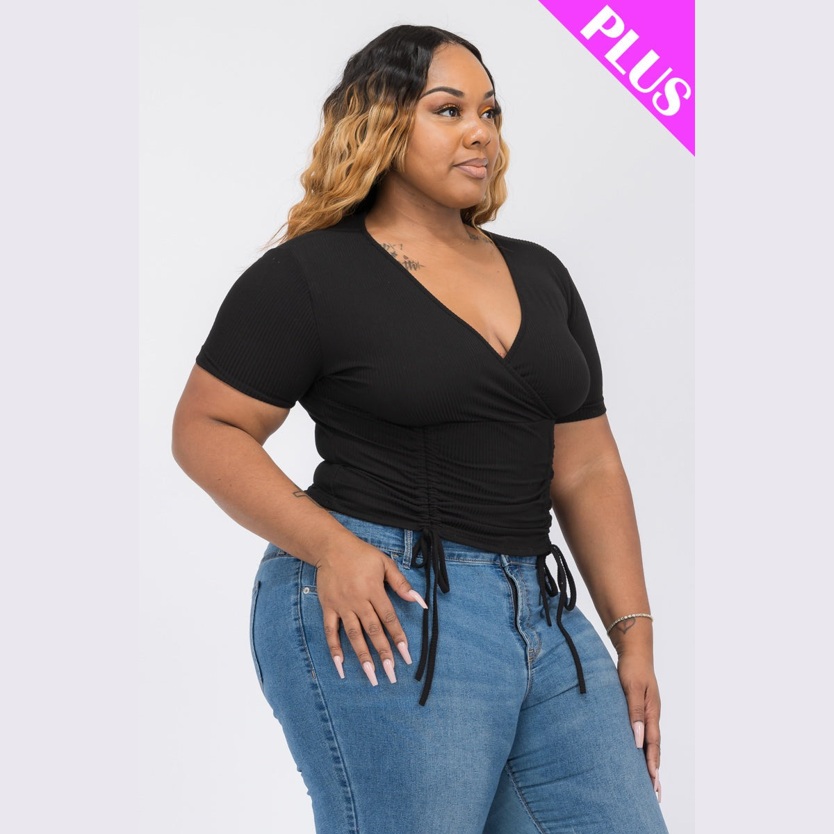 Plus Size Ribbed Ruched Drawstring Surplice Top