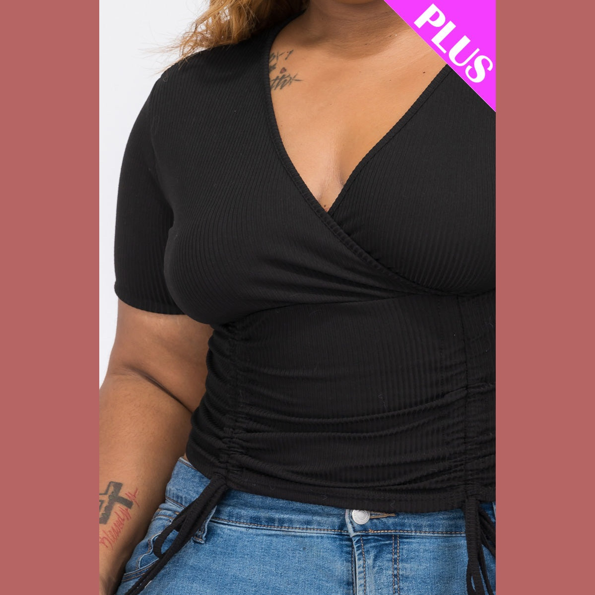 Plus Size Ribbed Ruched Drawstring Surplice Top