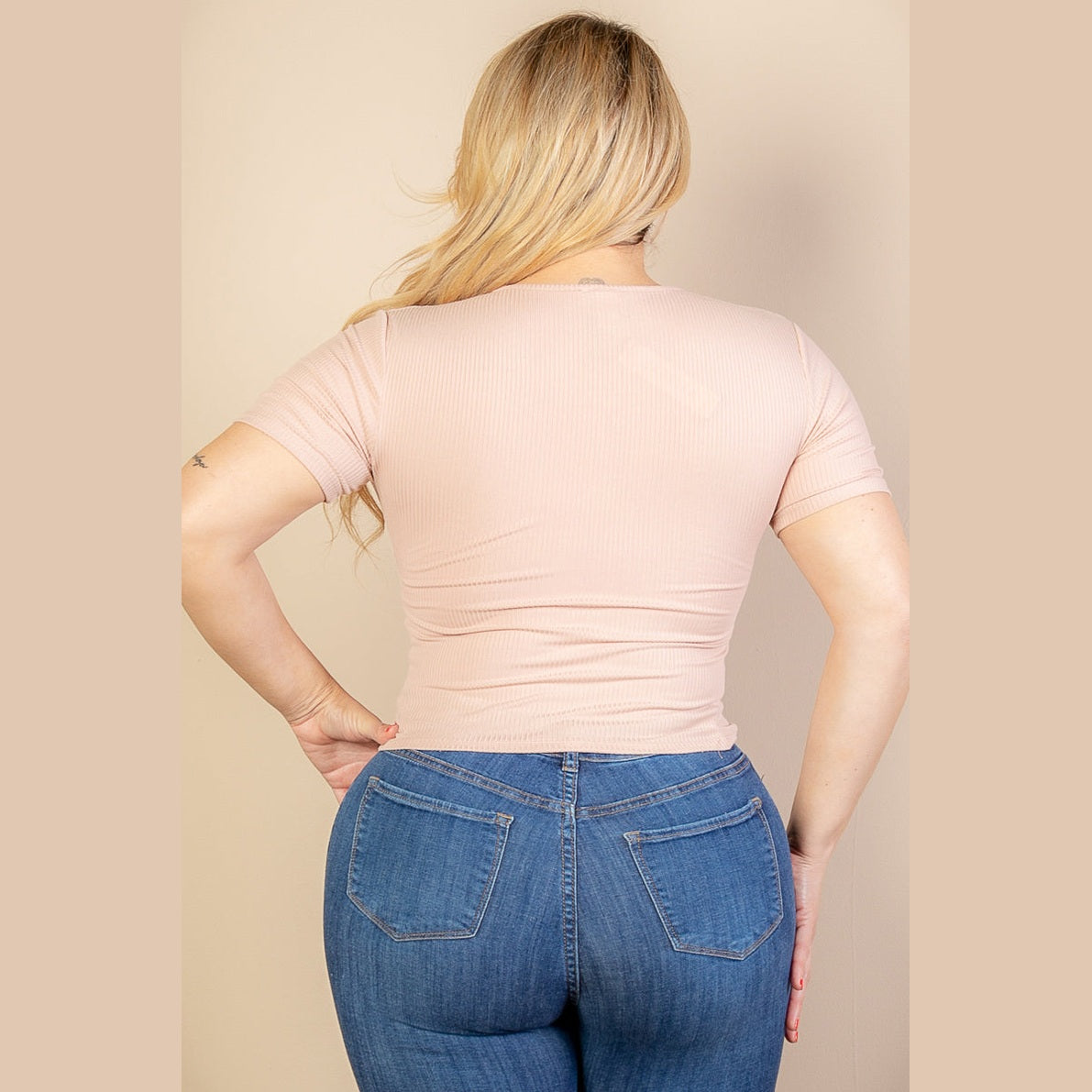 Plus Size Ribbed Ruched Drawstring Surplice Top