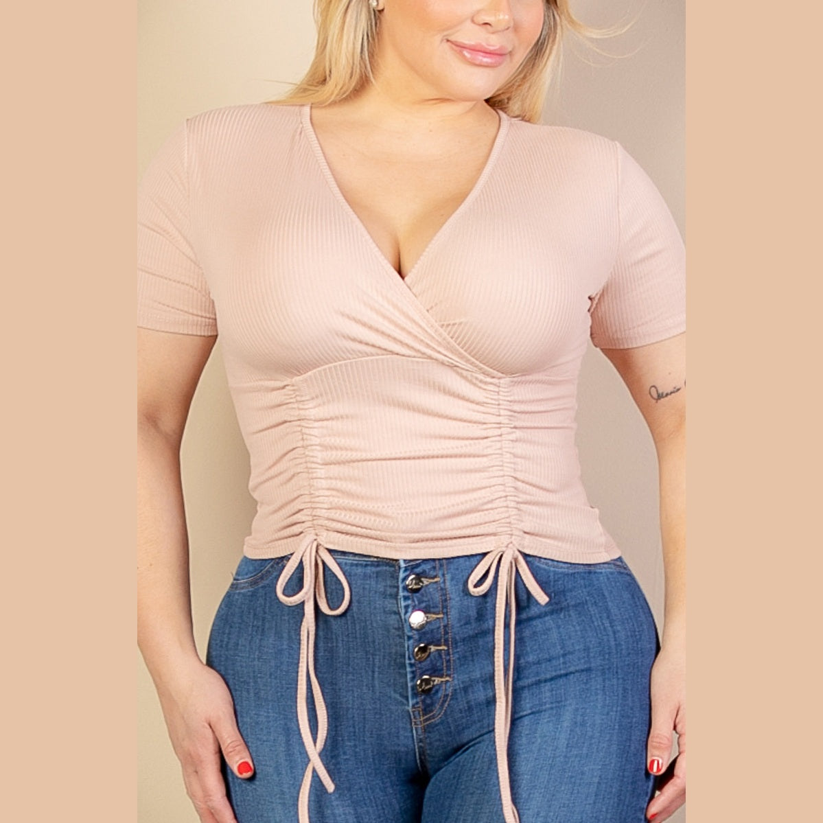 Plus Size Ribbed Ruched Drawstring Surplice Top