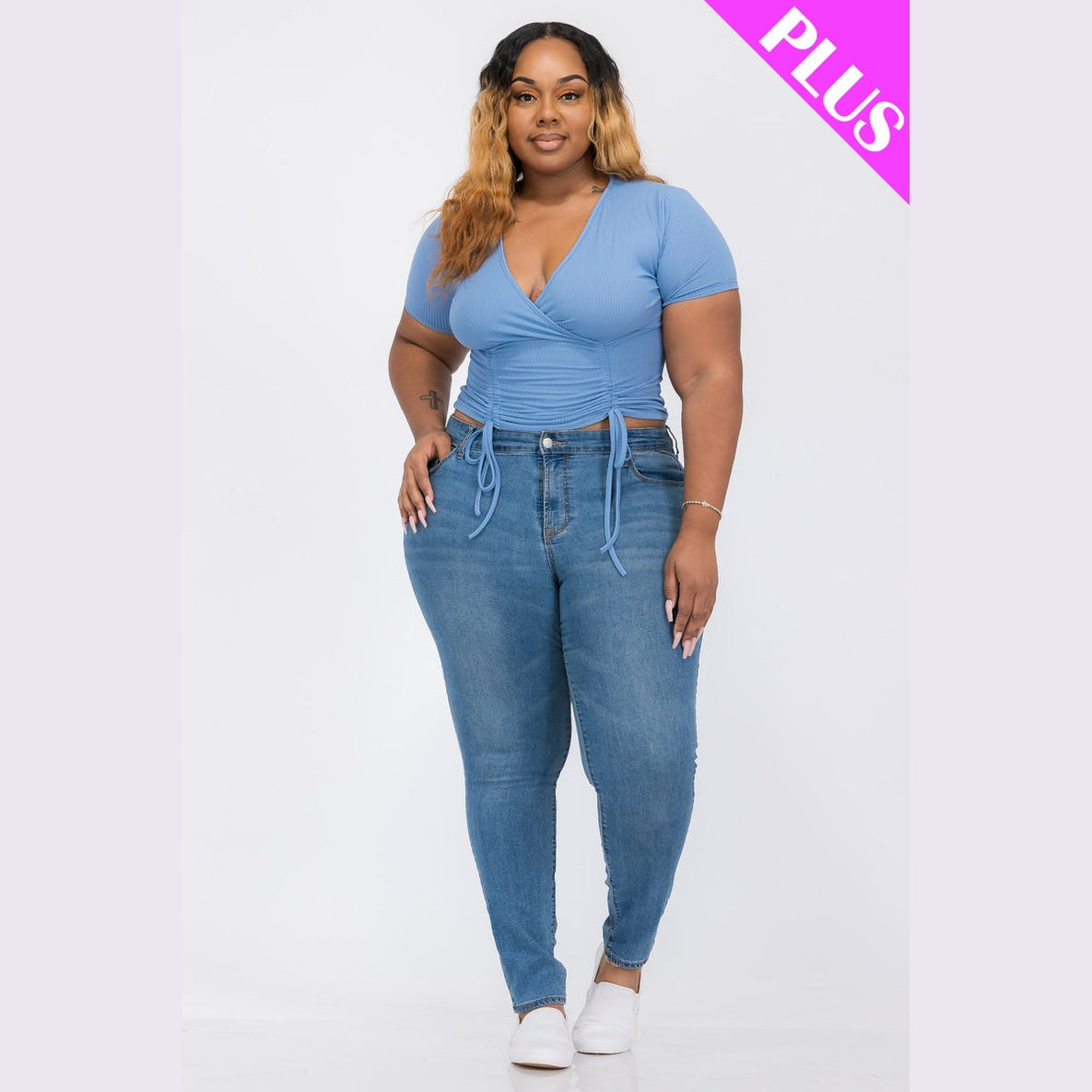 Plus Size Ribbed Ruched Drawstring Surplice Top