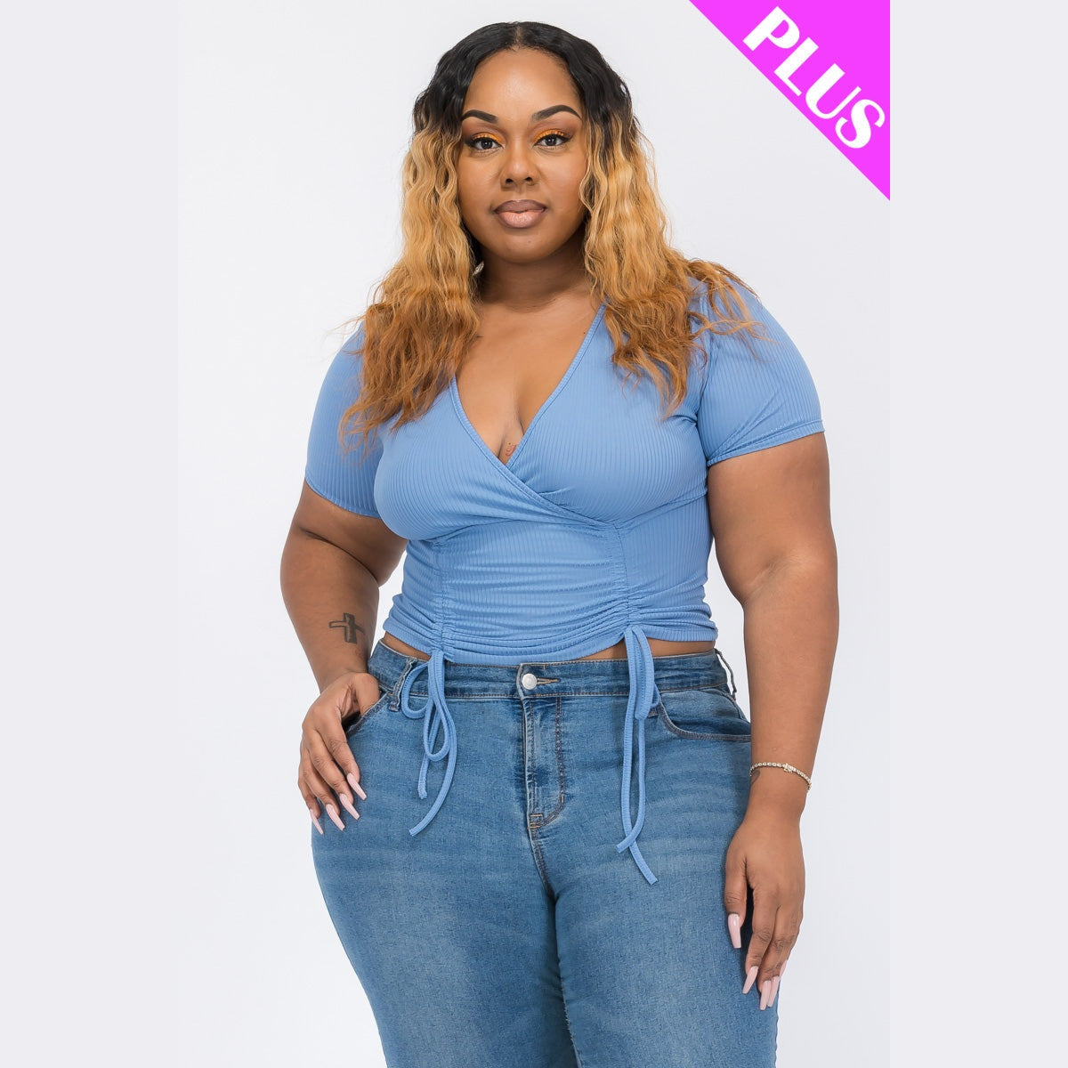 Plus Size Ribbed Ruched Drawstring Surplice Top