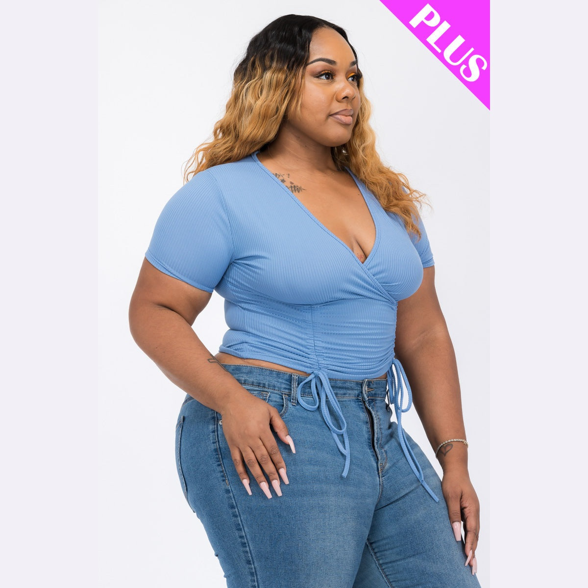 Plus Size Ribbed Ruched Drawstring Surplice Top