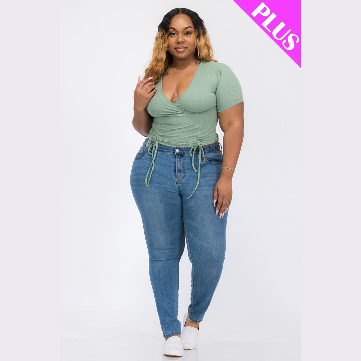 Plus Size Ribbed Ruched Drawstring Surplice Top