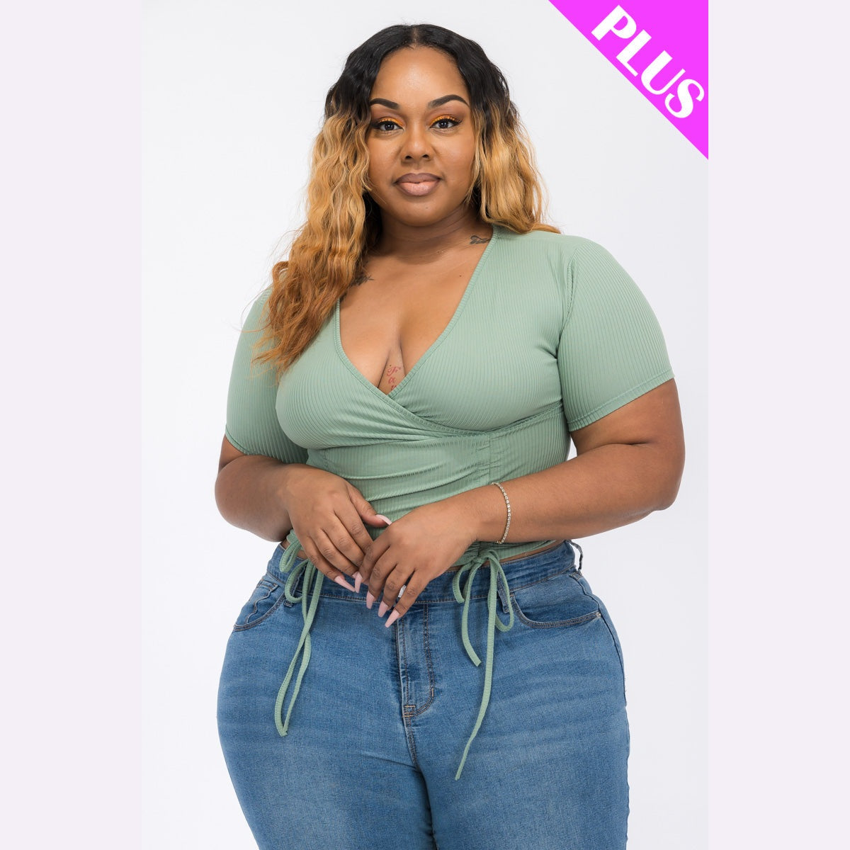 Plus Size Ribbed Ruched Drawstring Surplice Top