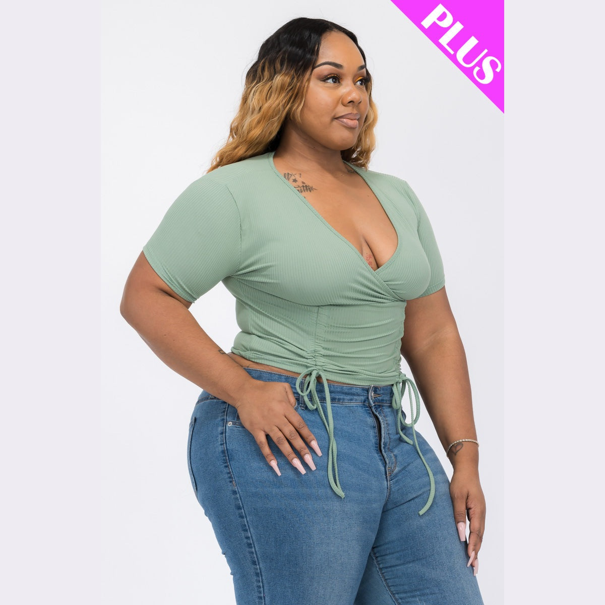 Plus Size Ribbed Ruched Drawstring Surplice Top