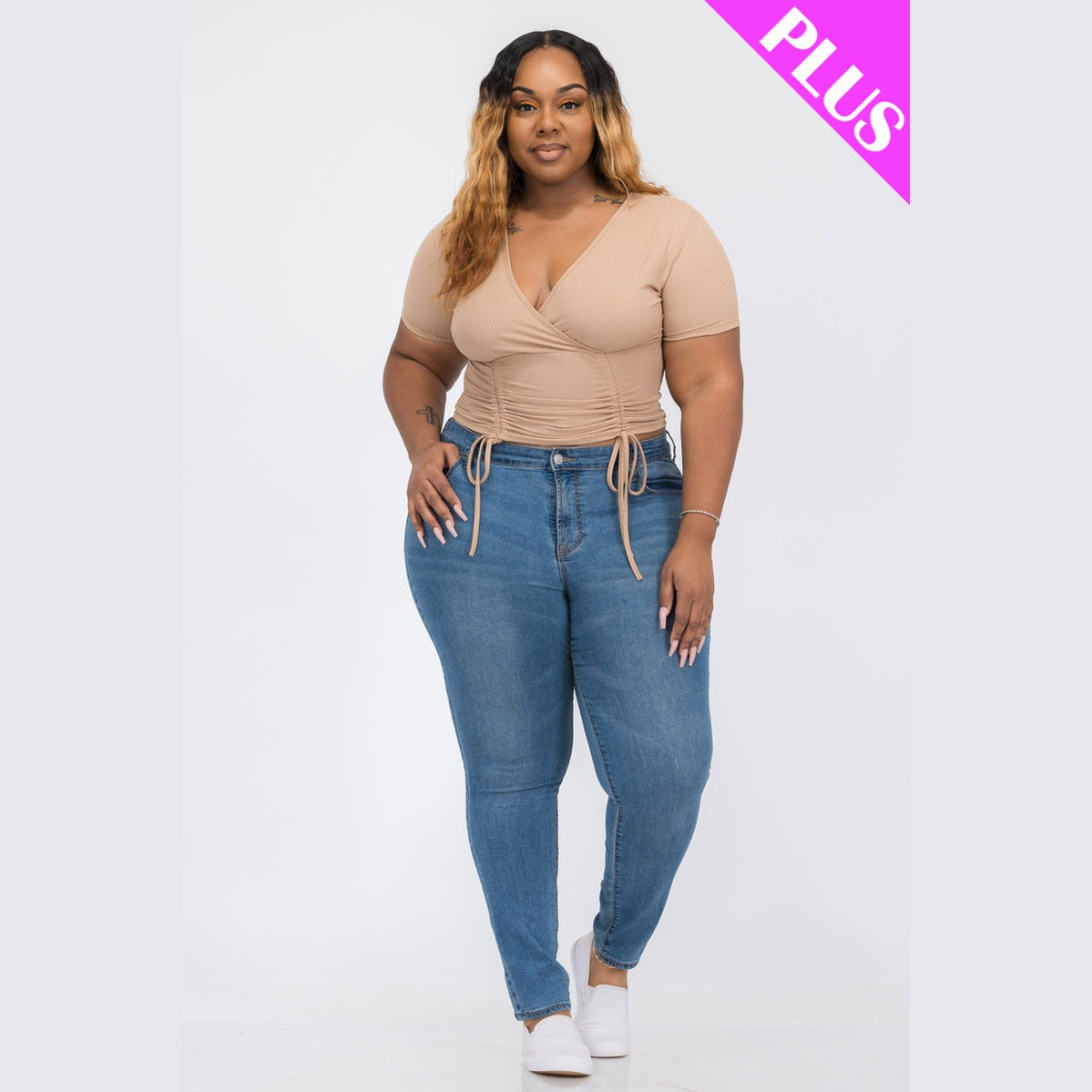 Plus Size Ribbed Ruched Drawstring Surplice Top