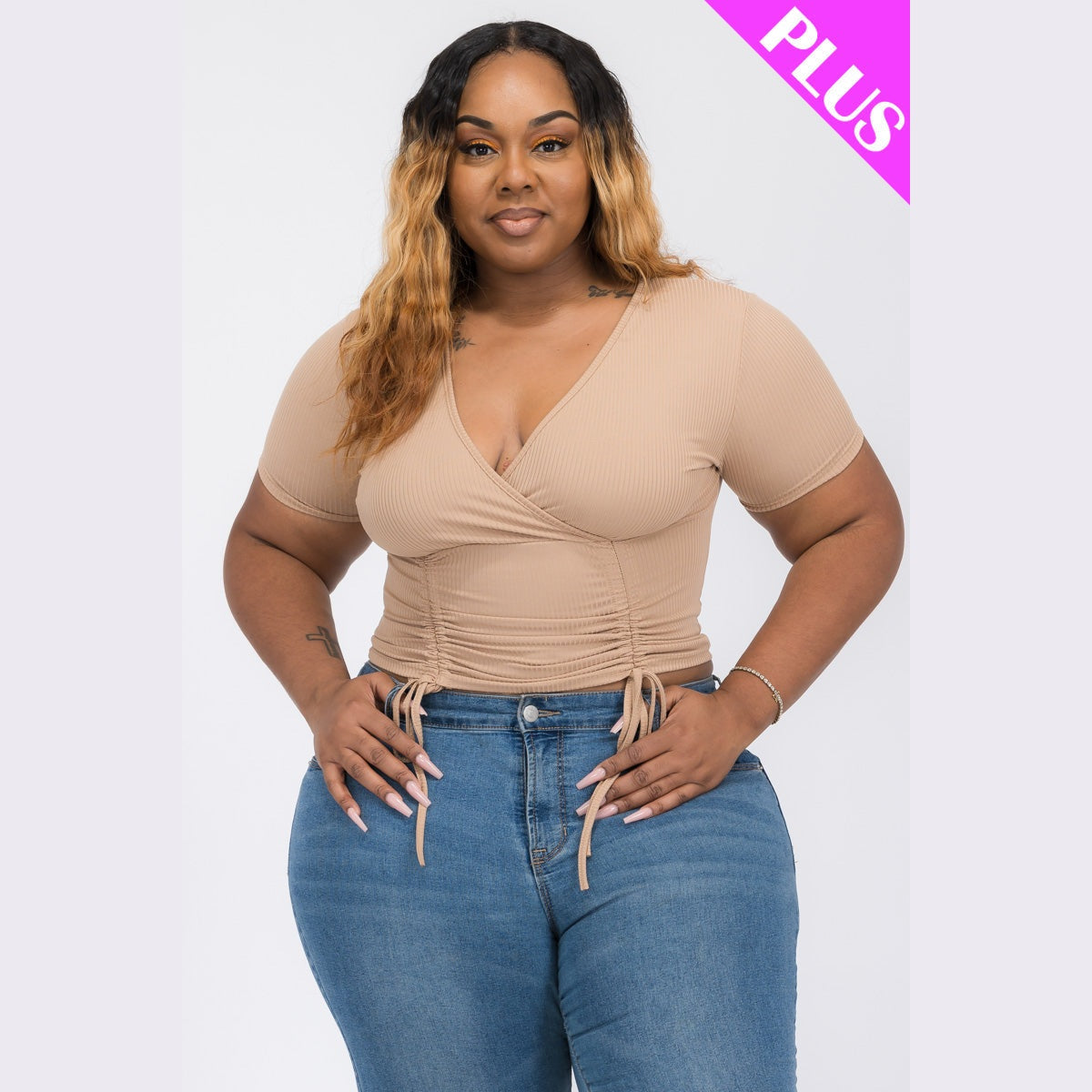 Plus Size Ribbed Ruched Drawstring Surplice Top