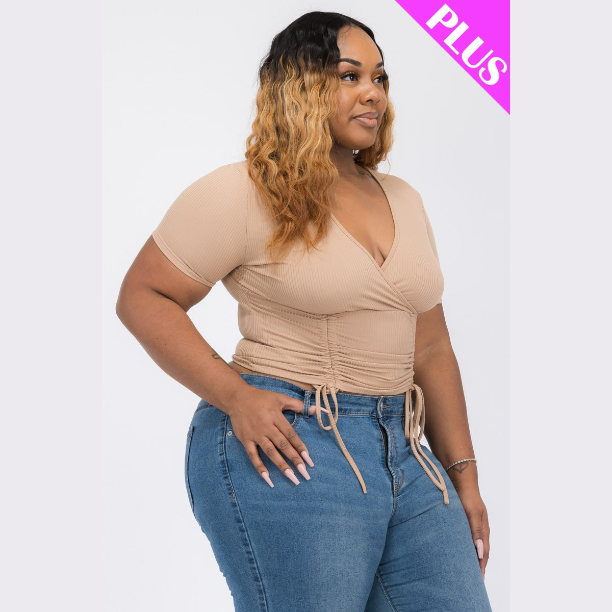 Plus Size Ribbed Ruched Drawstring Surplice Top