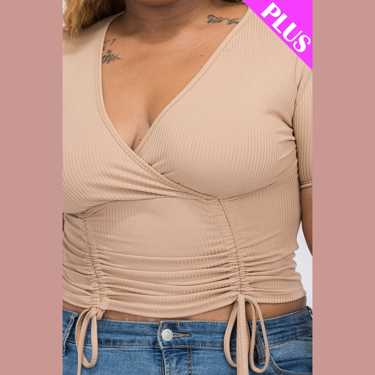 Plus Size Ribbed Ruched Drawstring Surplice Top