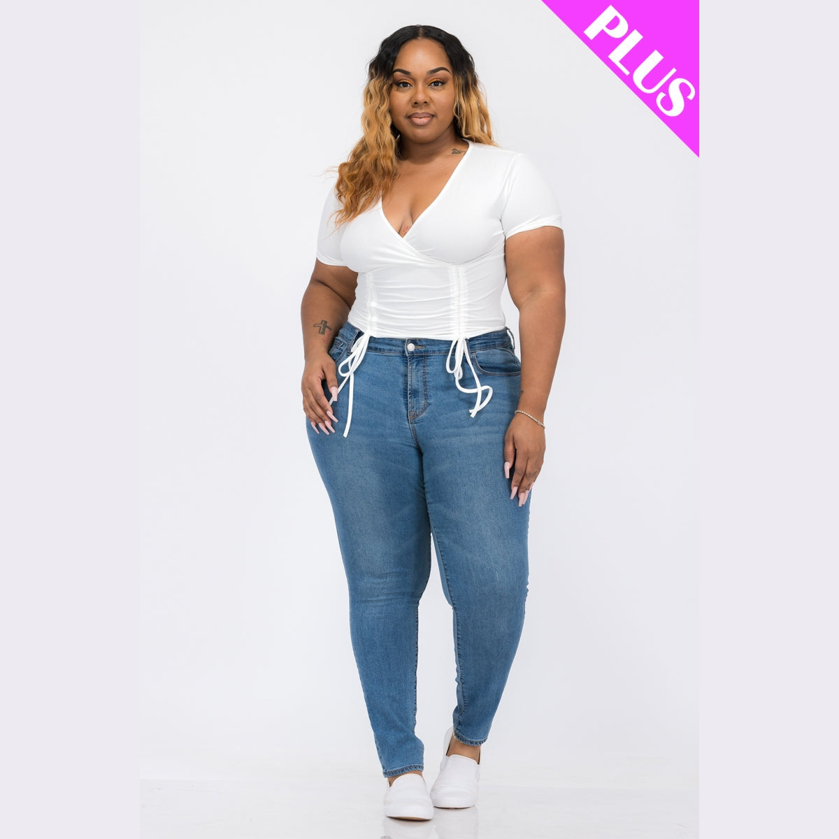 Plus Size Ribbed Ruched Drawstring Surplice Top