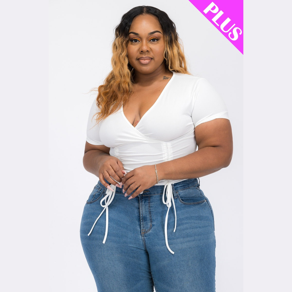 Plus Size Ribbed Ruched Drawstring Surplice Top