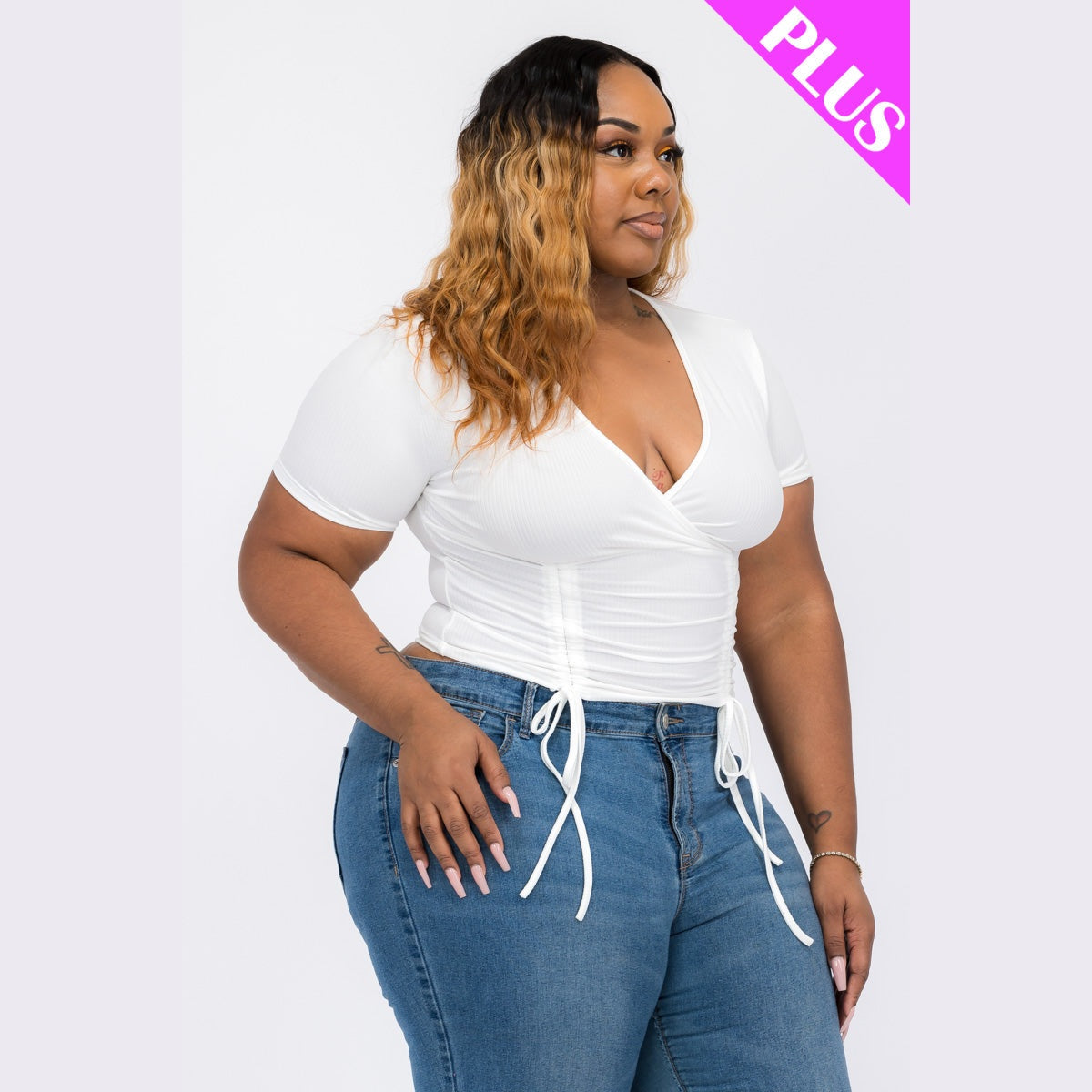 Plus Size Ribbed Ruched Drawstring Surplice Top
