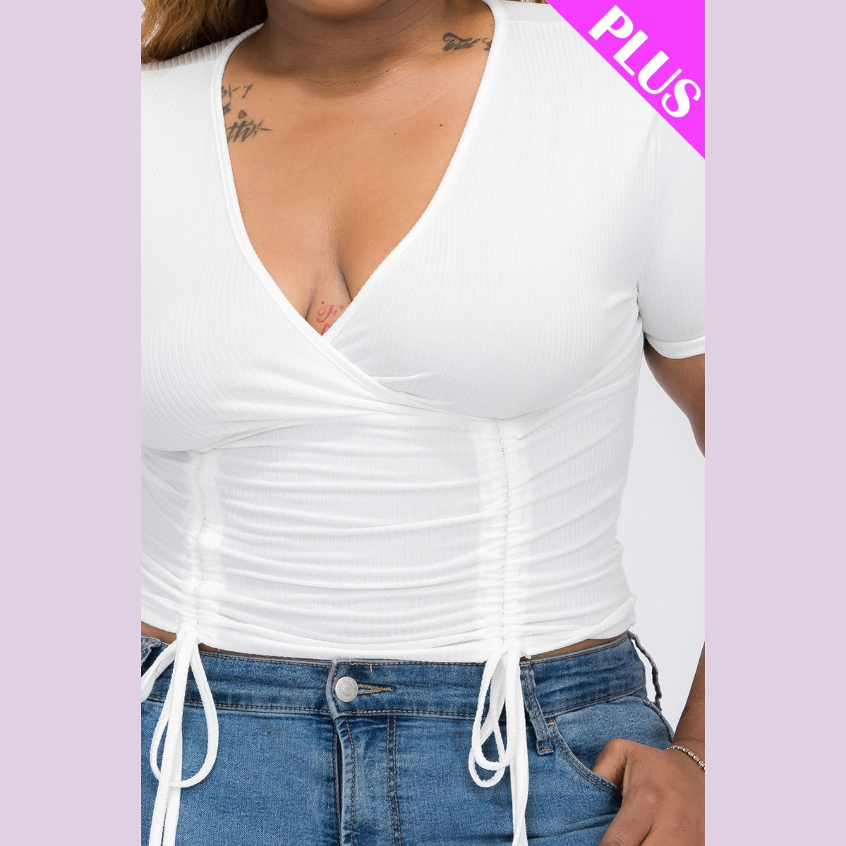 Plus Size Ribbed Ruched Drawstring Surplice Top