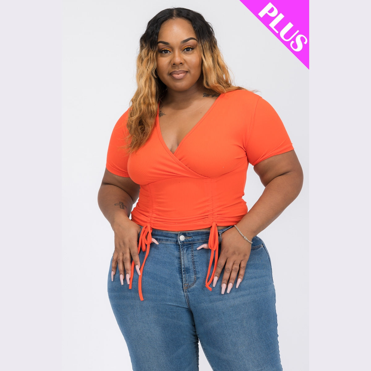 Plus Size Ribbed Ruched Drawstring Surplice Top