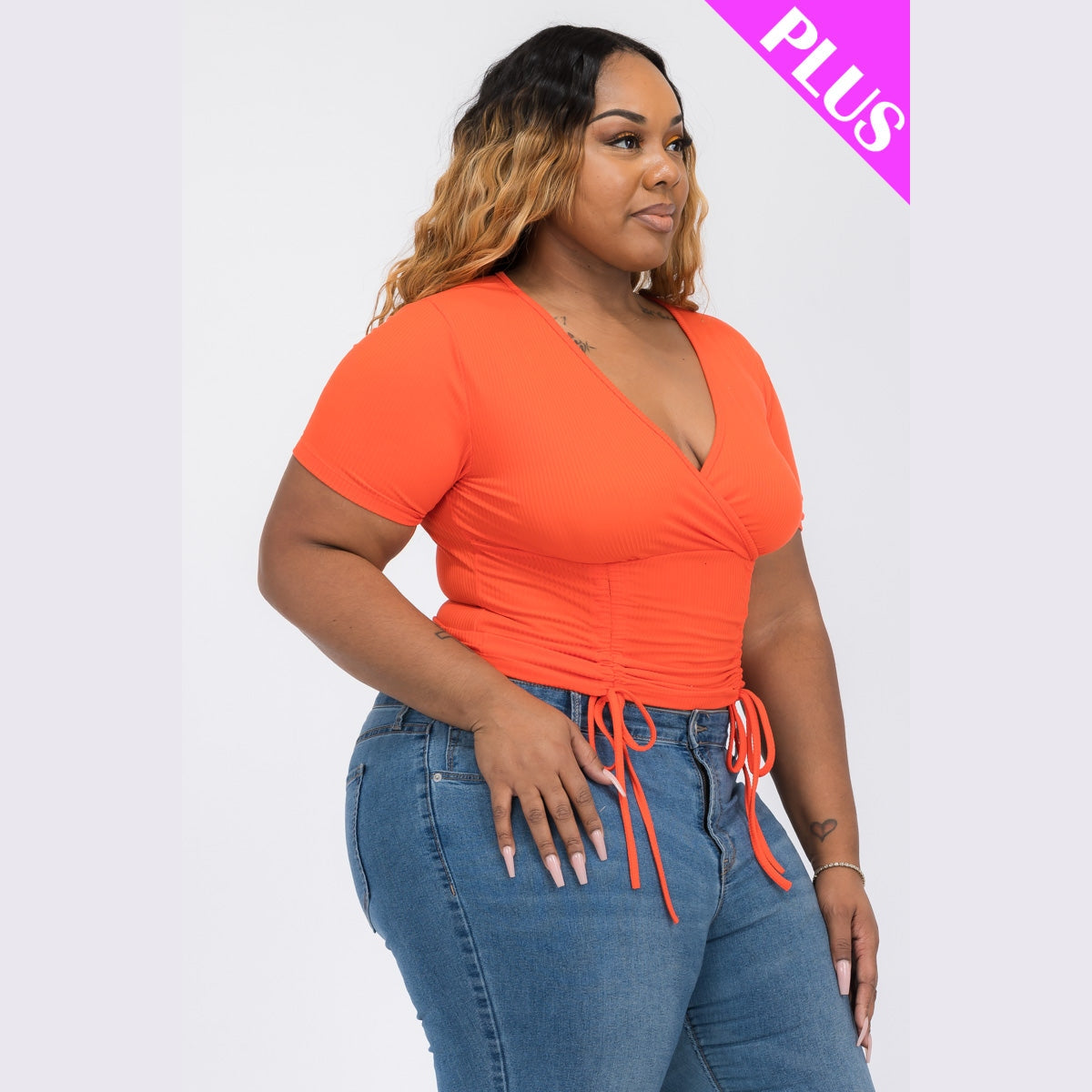 Plus Size Ribbed Ruched Drawstring Surplice Top