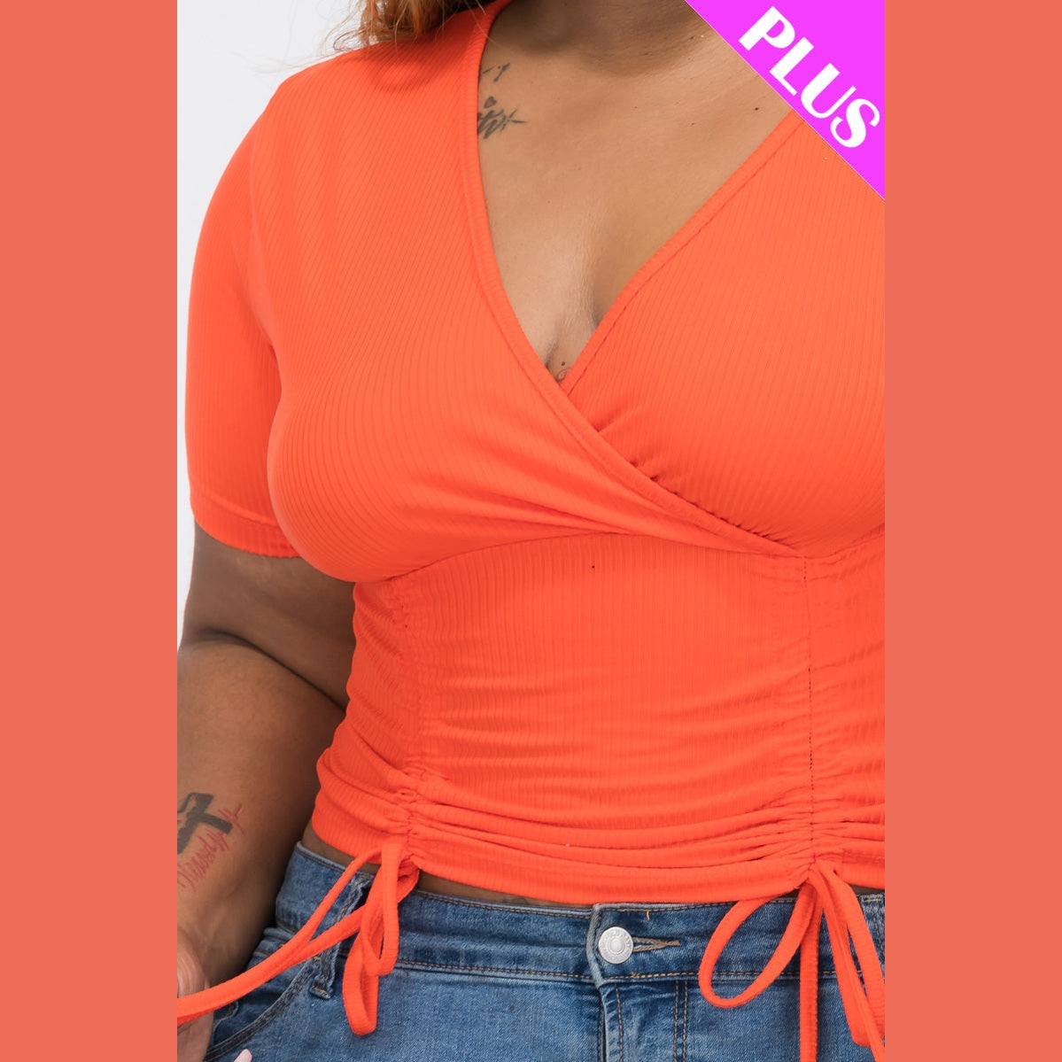 Plus Size Ribbed Ruched Drawstring Surplice Top