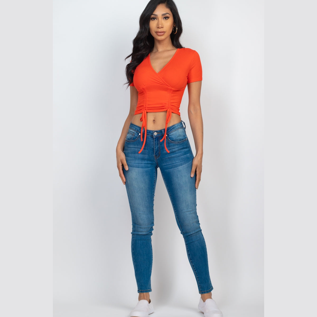 Ribbed Ruched Drawstring Surplice Top
