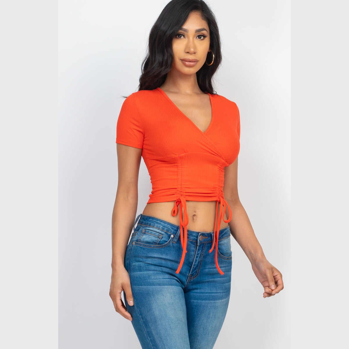 Ribbed Ruched Drawstring Surplice Top