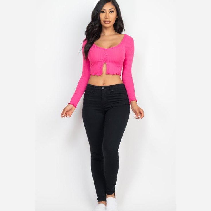 Ribbed Button Front Split Long Sleeve Top