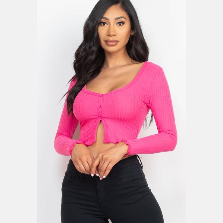 Ribbed Button Front Split Long Sleeve Top
