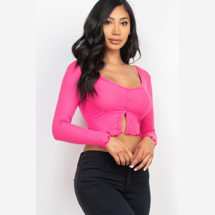 Ribbed Button Front Split Long Sleeve Top