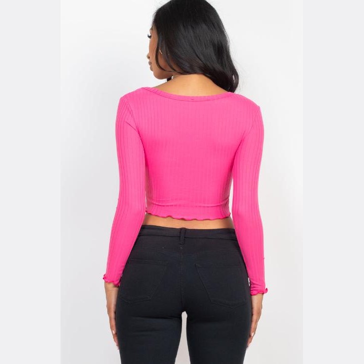 Ribbed Button Front Split Long Sleeve Top