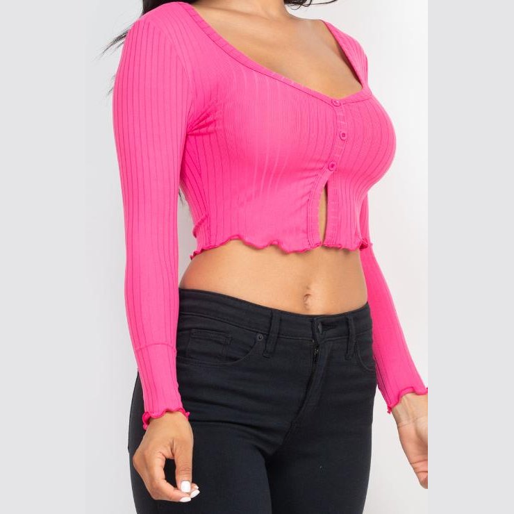 Ribbed Button Front Split Long Sleeve Top
