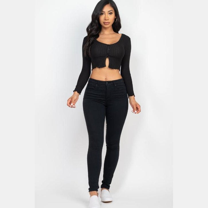 Ribbed Button Front Split Long Sleeve Top