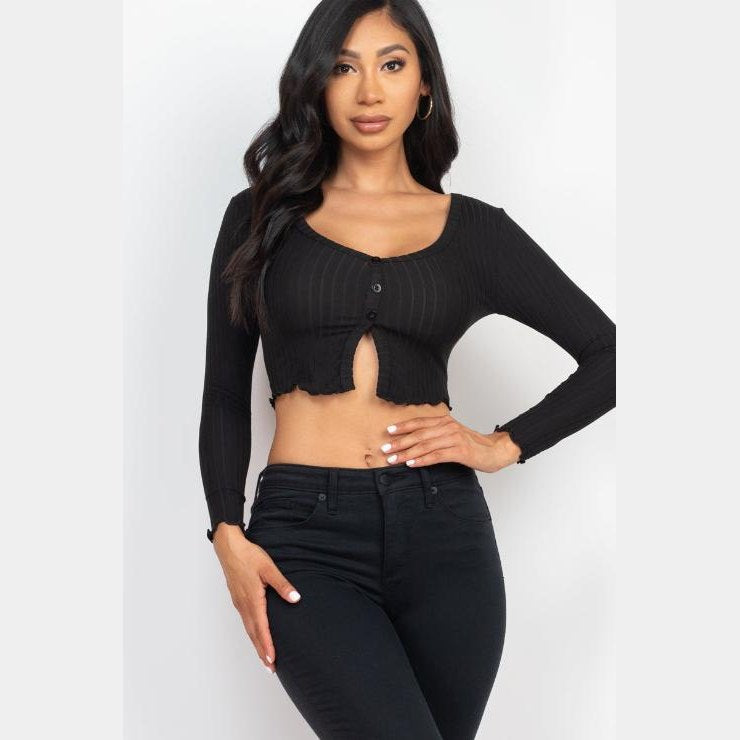 Ribbed Button Front Split Long Sleeve Top