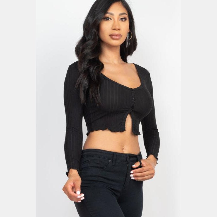 Ribbed Button Front Split Long Sleeve Top