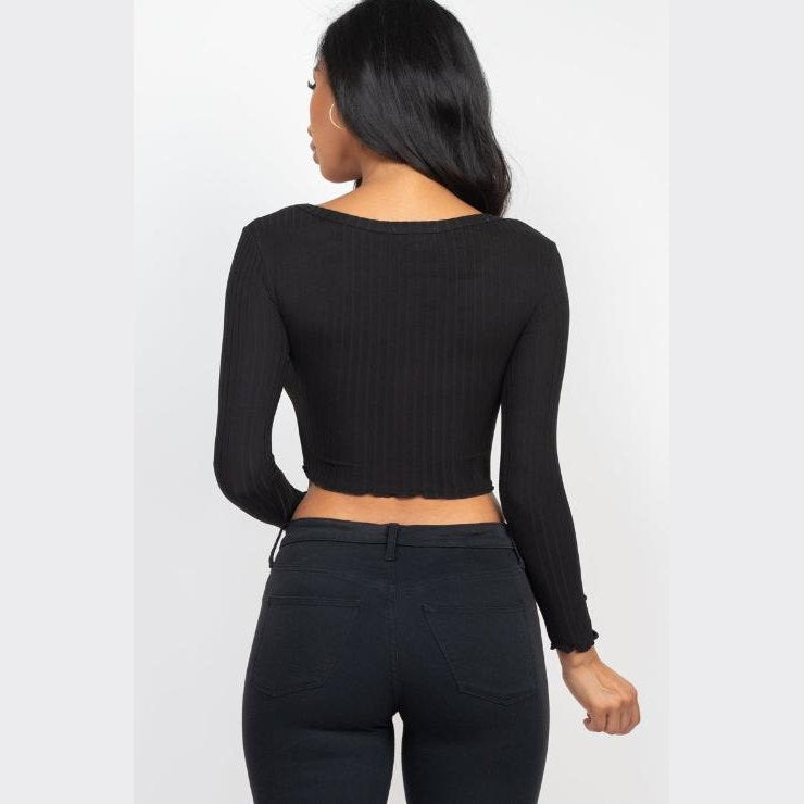 Ribbed Button Front Split Long Sleeve Top