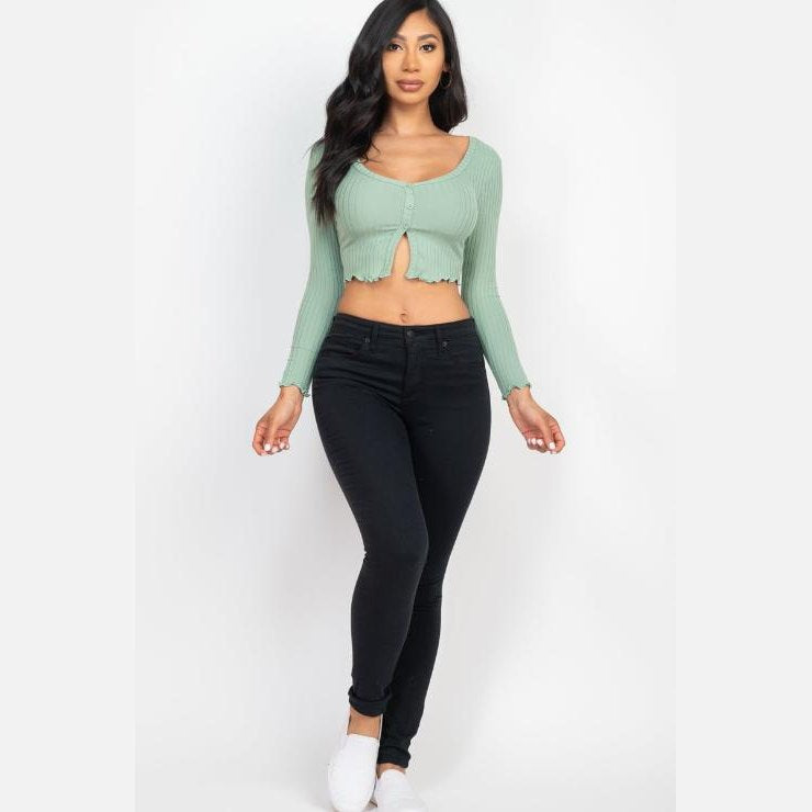 Ribbed Button Front Split Long Sleeve Top