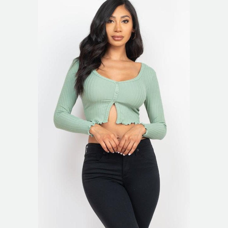 Ribbed Button Front Split Long Sleeve Top