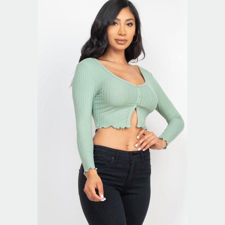 Ribbed Button Front Split Long Sleeve Top