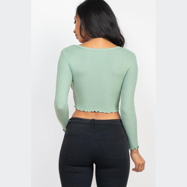 Ribbed Button Front Split Long Sleeve Top